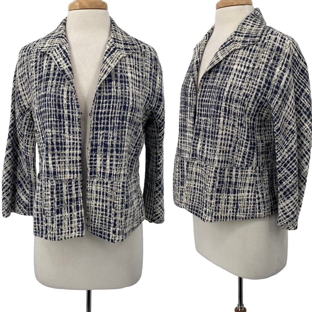 Lafayette 148 Blazer Textured Woven Abstract Plaid Check Pattern Navy Cream S